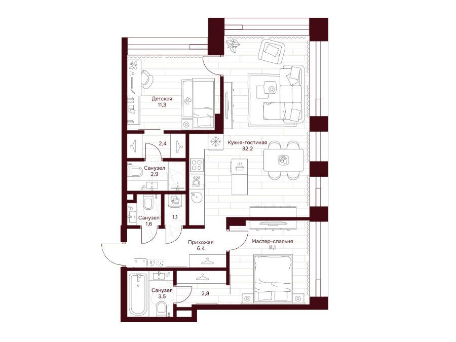 Планировка: 2-комн. квартира 75.30 м² в новостройке Дом 7 Даниловский