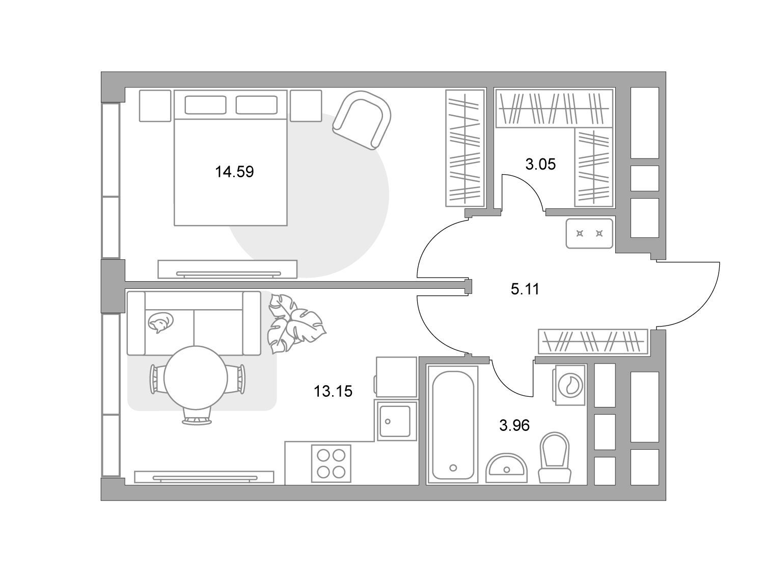 Планировка: 1-комн. квартира 39.86 м² в новостройке ЖК Нижегородская от Гранель