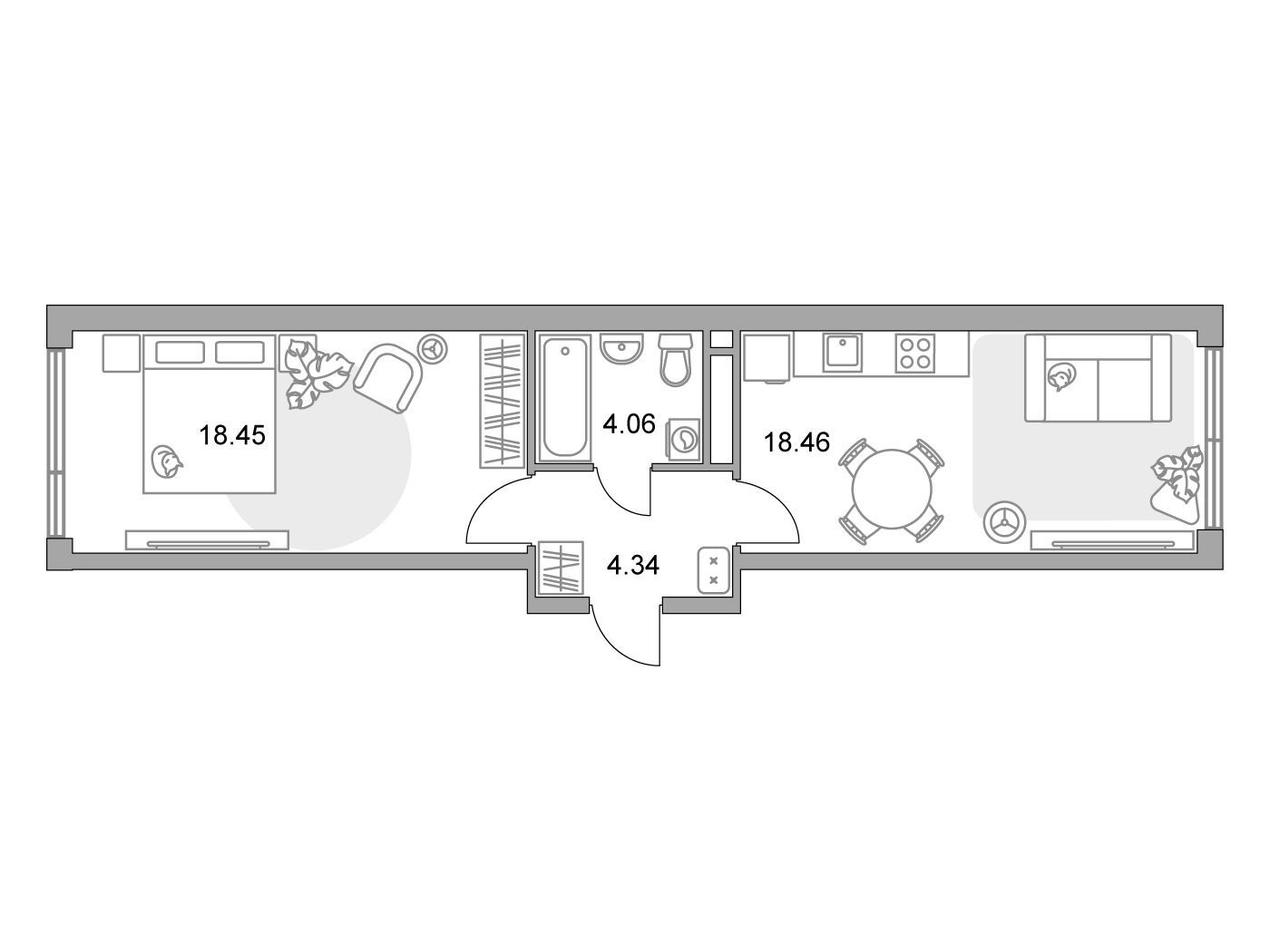 Планировка: 1-комн. квартира 45.31 м² в новостройке Нижегородская от Гранель