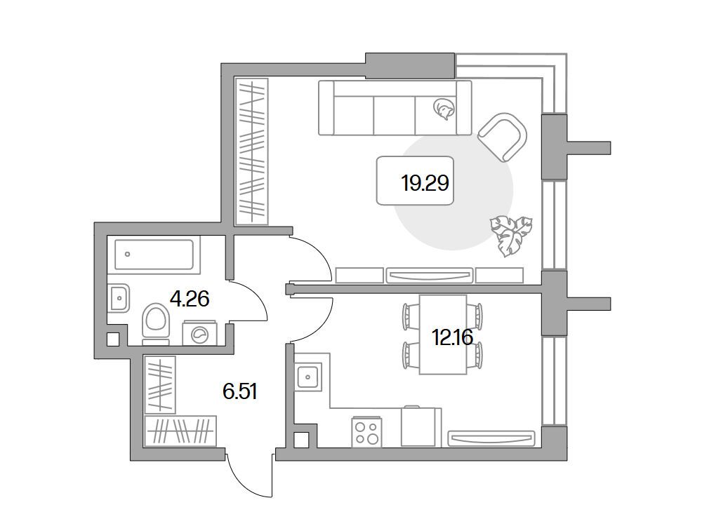 Планировка: 1-комн. квартира 42.22 м² в новостройке Дубровка от Гранель