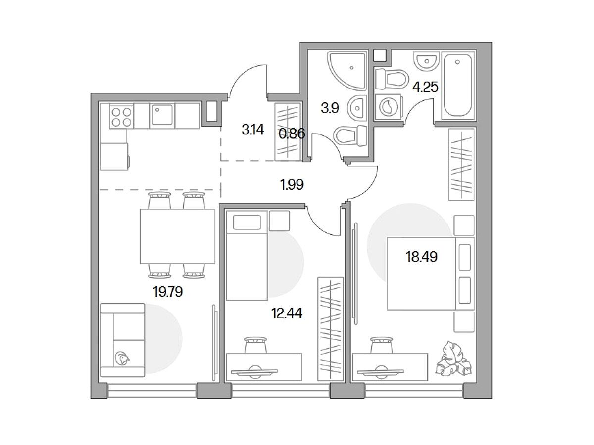 Планировка: 2-комн. квартира 64.86 м² в новостройке Мнёвники от Гранель
