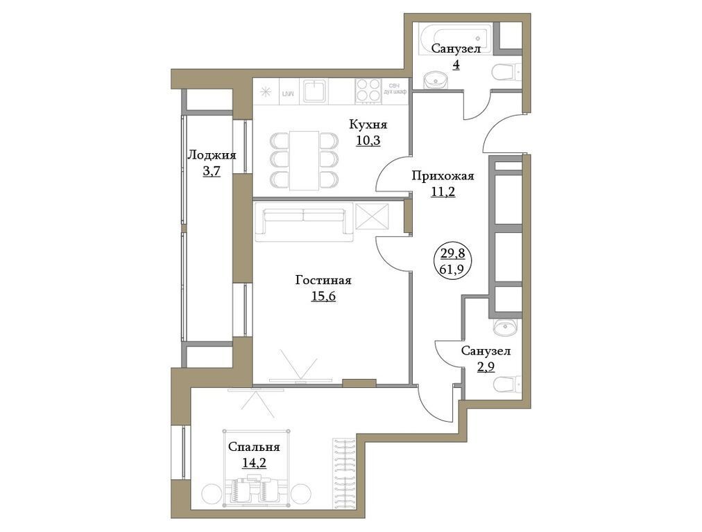 Планировка: 2-комн. квартира 61.90 м² в новостройке Большая семерка