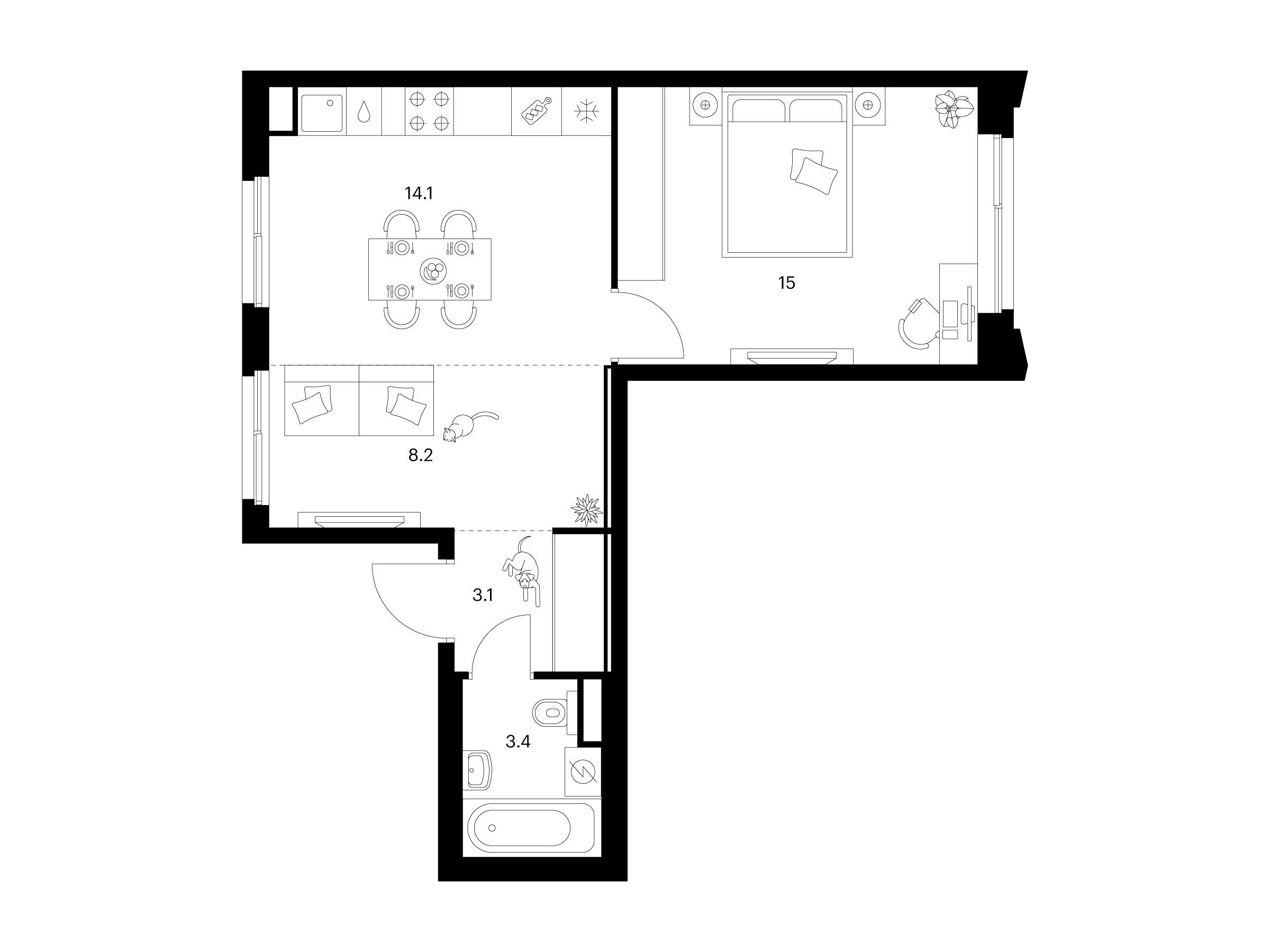 Планировка: 1-комн. квартира 43.80 м² в новостройке ЖК Матвеевский парк