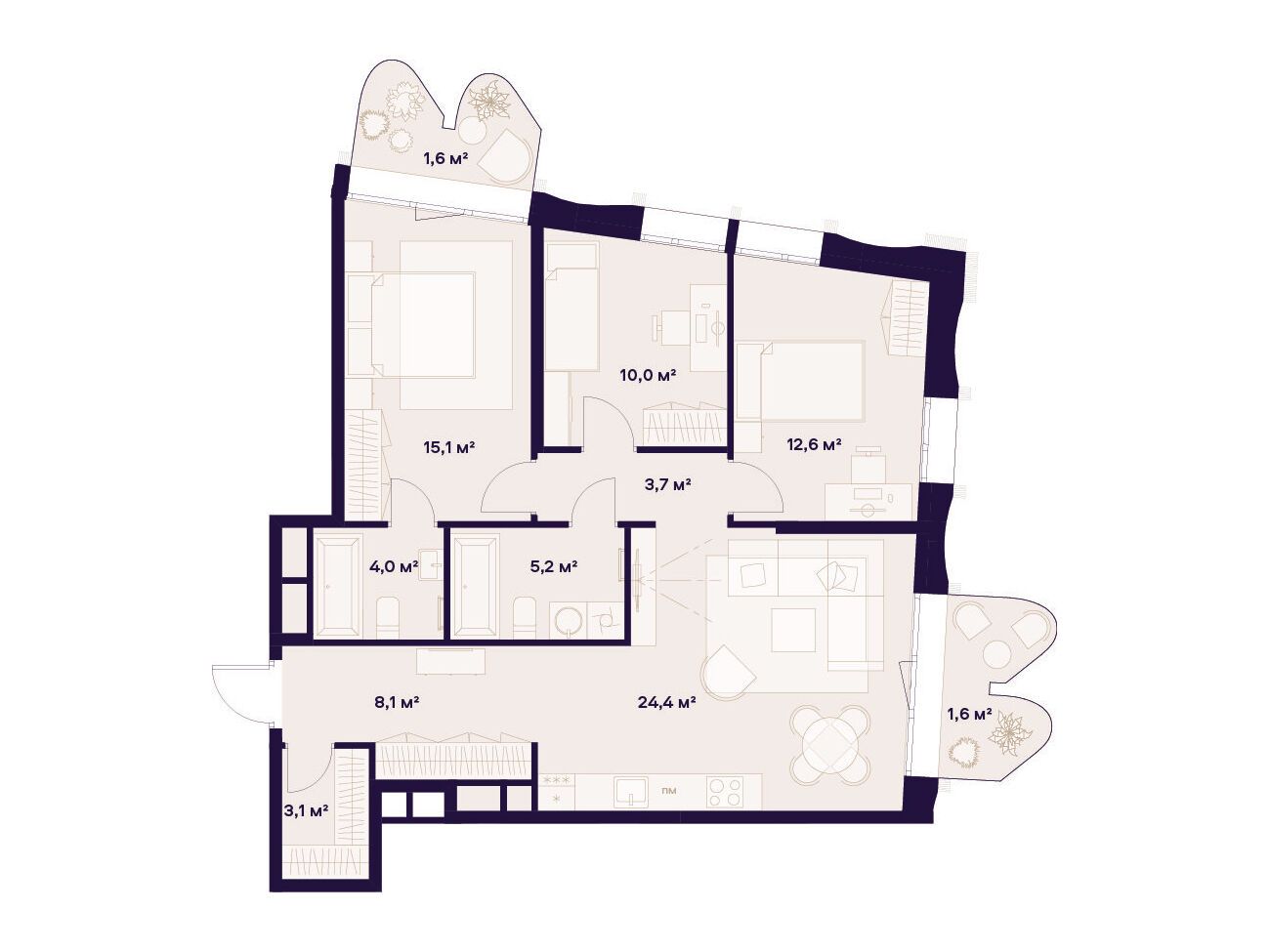 Планировка: 3-комн. квартира 89.40 м² в новостройке Союз