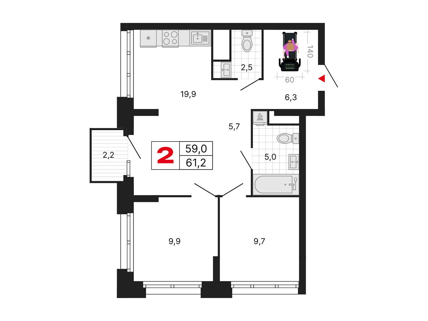 Планировка: 2-комн. квартира 61.20 м² в новостройке ЖК Бестселлер