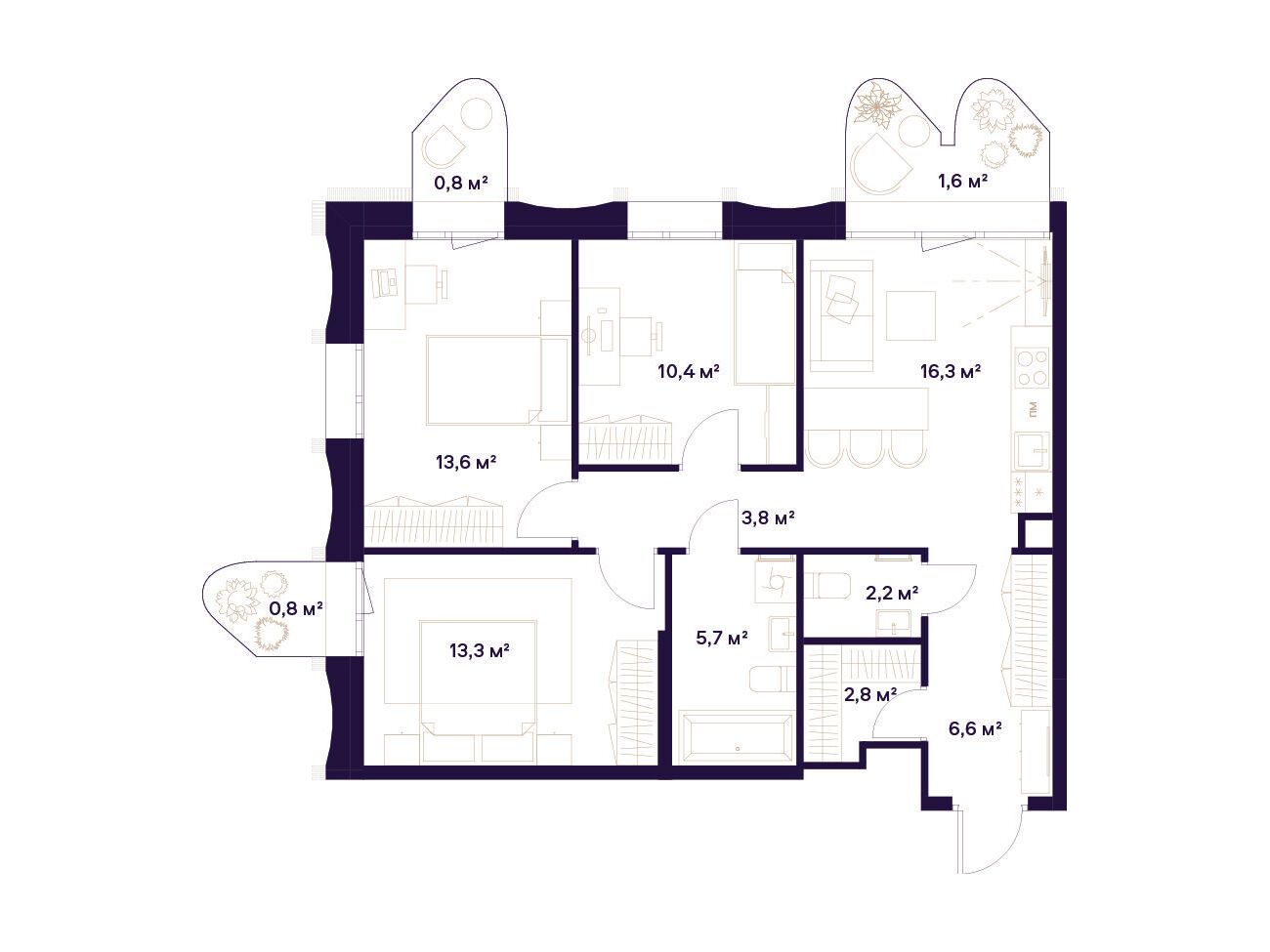 Планировка: 3-комн. квартира 77.90 м² в новостройке Квартал здоровой жизни Союз