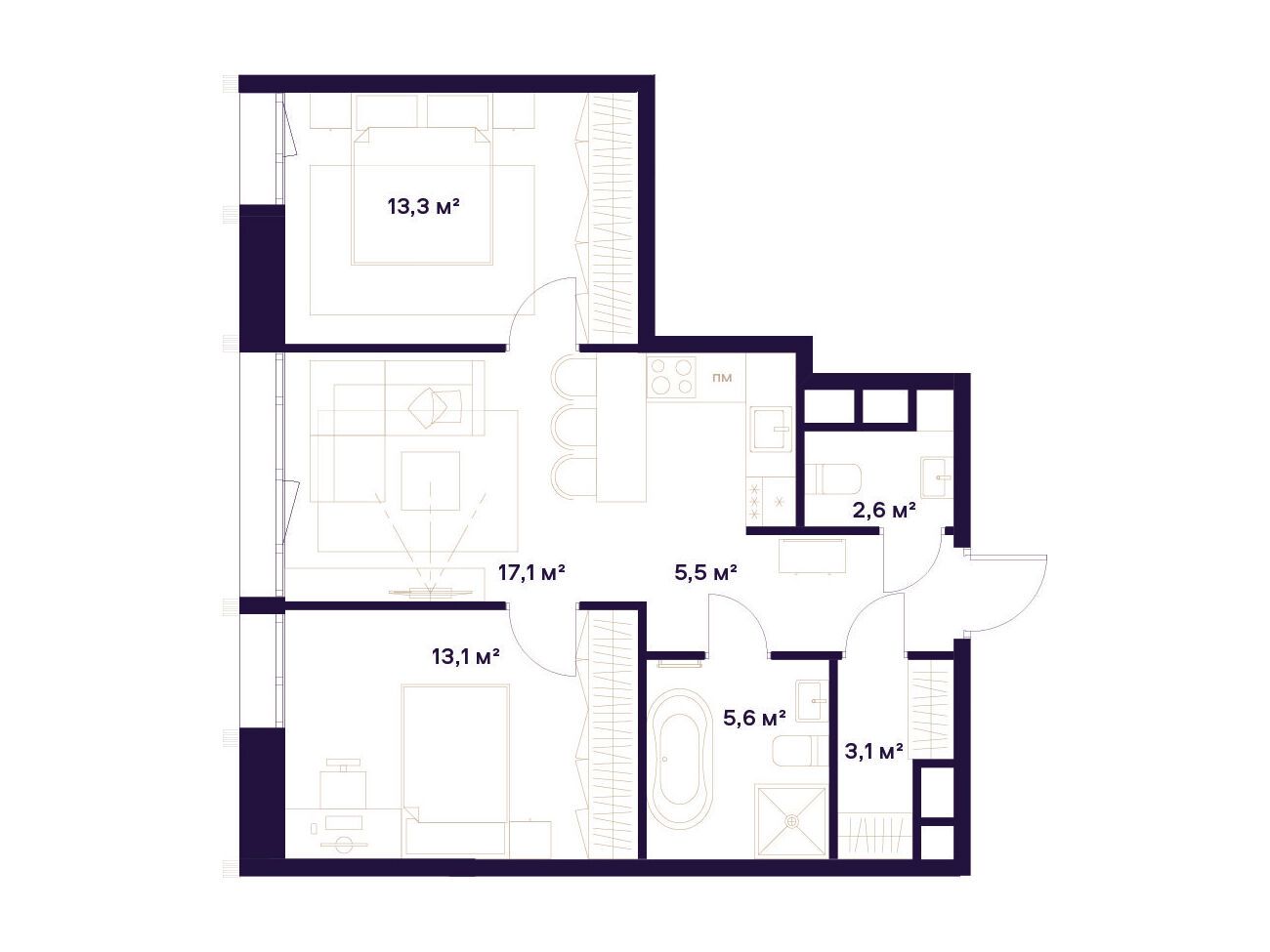 Планировка: 2-комн. квартира 60.30 м² в новостройке Квартал здоровой жизни Союз