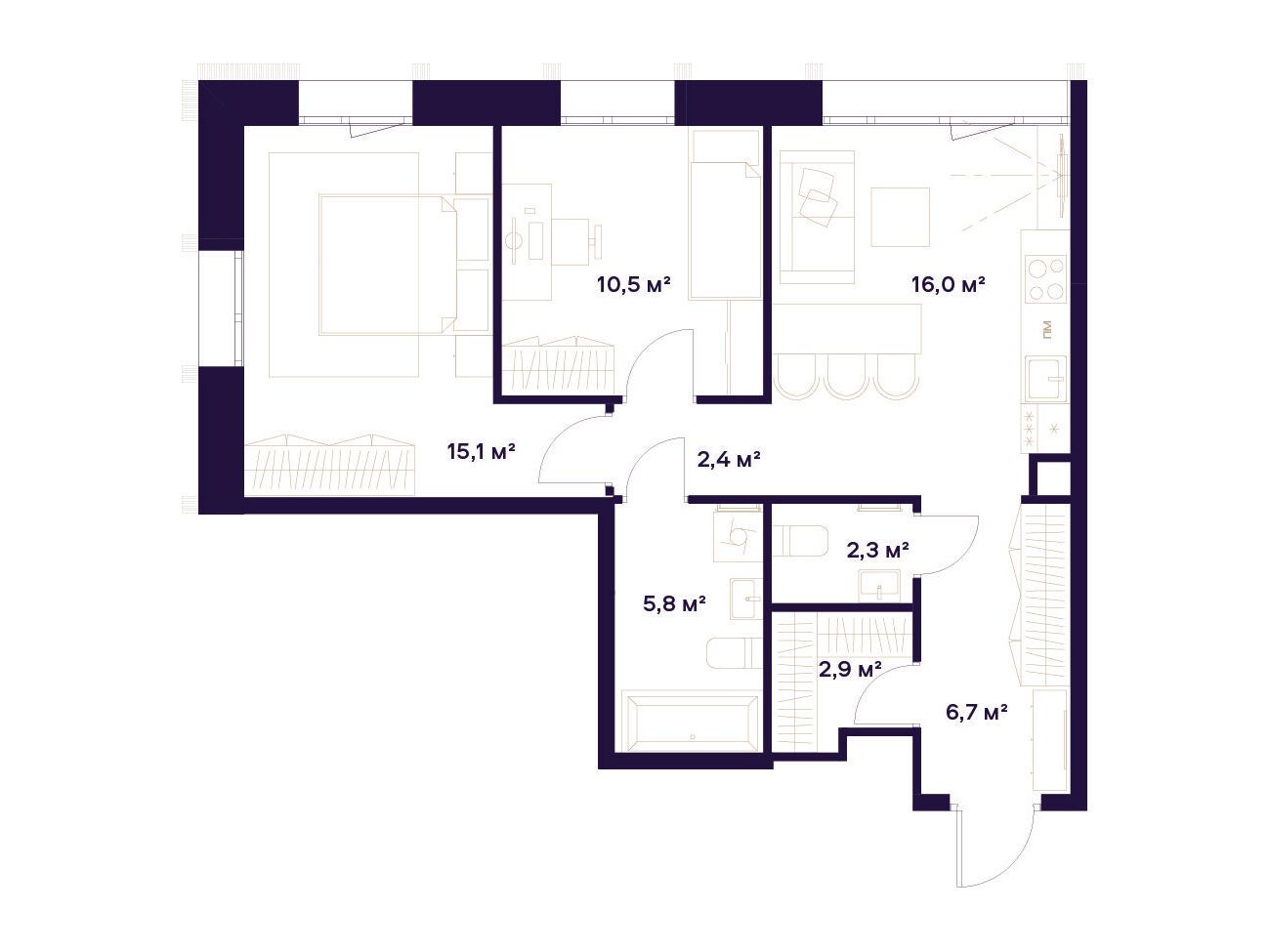 Планировка: 2-комн. квартира 61.70 м² в новостройке Квартал здоровой жизни Союз