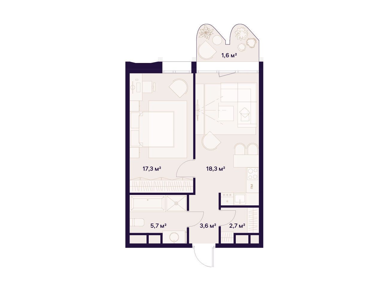 Планировка: 1-комн. квартира 49.20 м² в новостройке Союз