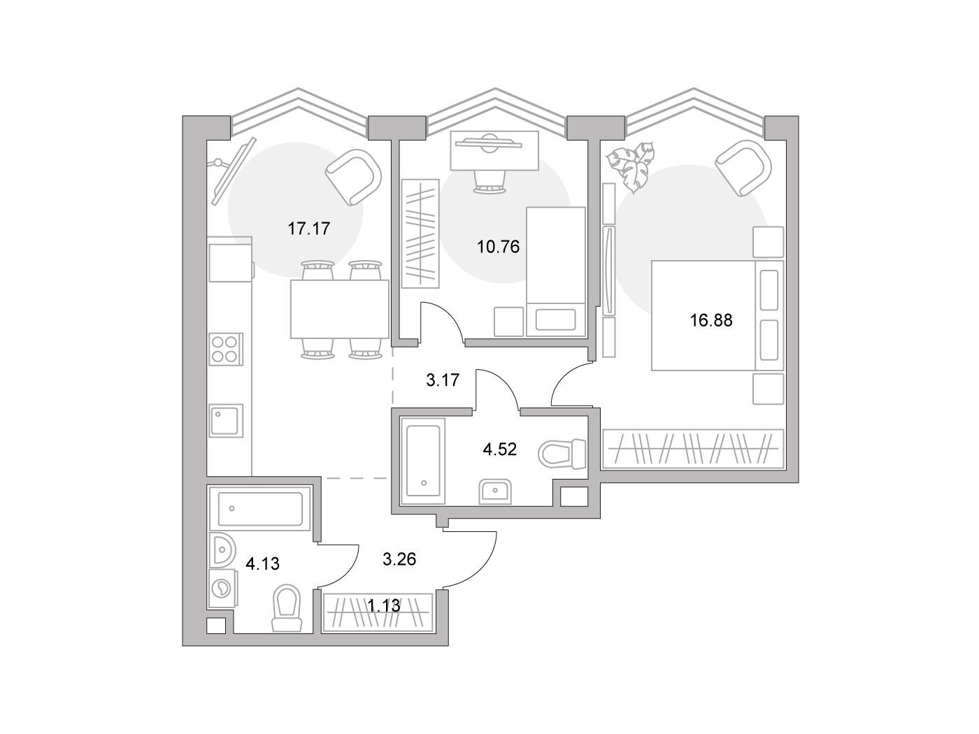 Планировка: 2-комн. квартира 61.02 м² в новостройке Мнёвники от Гранель