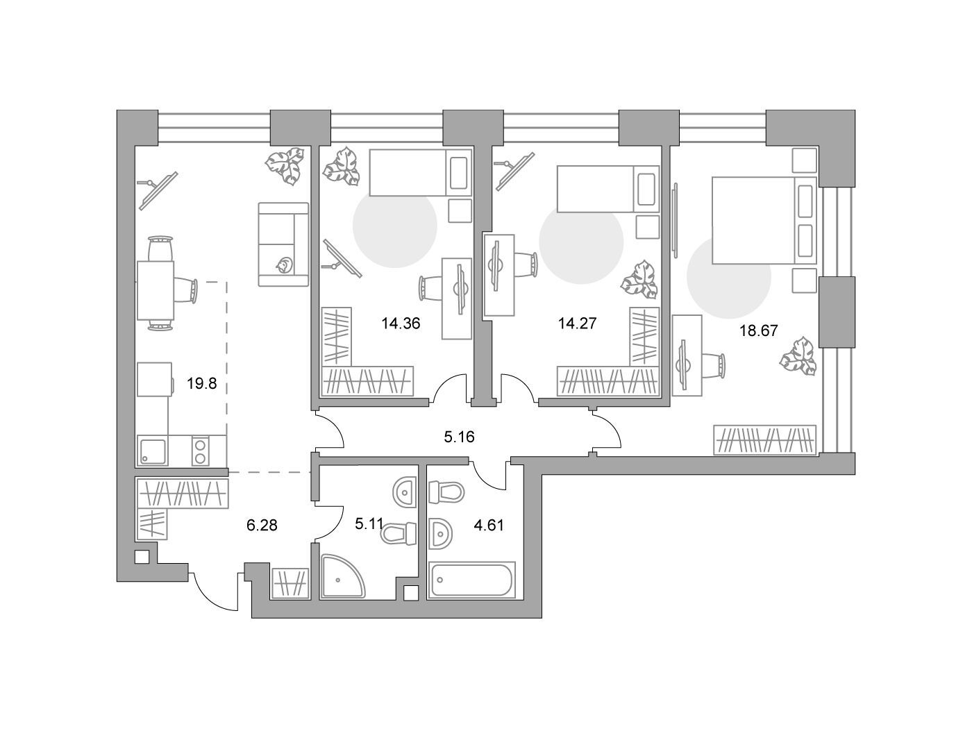 Планировка: 3-комн. квартира 88.26 м² в новостройке Павелецкая от Гранель