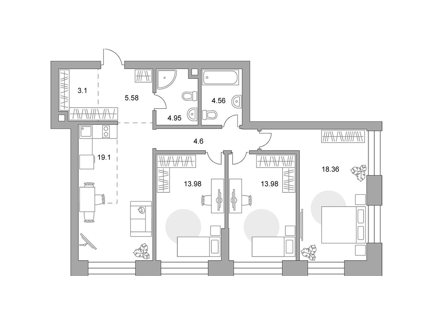 Планировка: 3-комн. квартира 88.21 м² в новостройке Павелецкая от Гранель