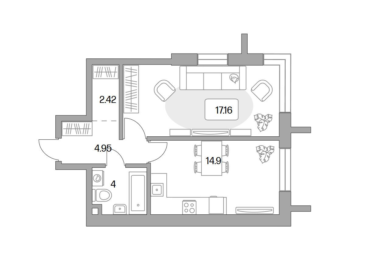 Планировка: 1-комн. квартира 43.43 м² в новостройке Дубровка от Гранель