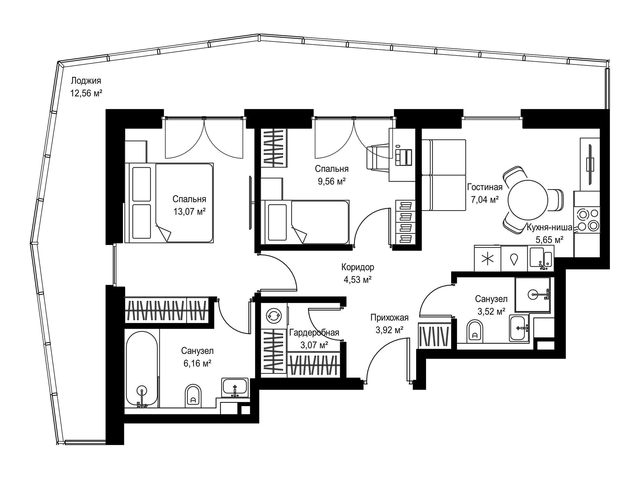 Планировка: 2-комн. квартира 69.08 м² в новостройке Селигер Сити