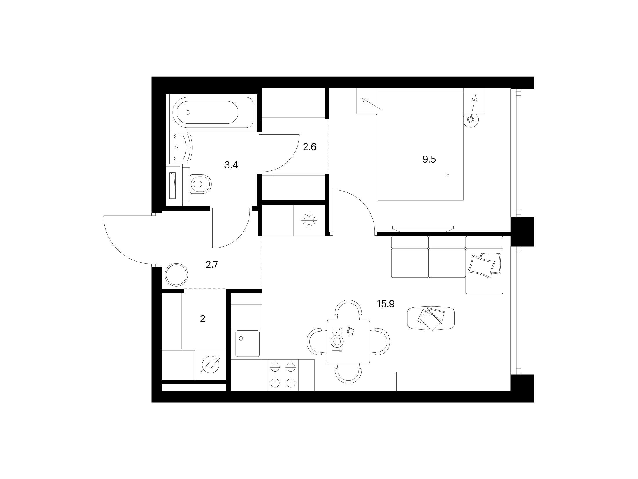 Планировка: 1-комн. квартира 36.10 м² в новостройке Бусиновский парк