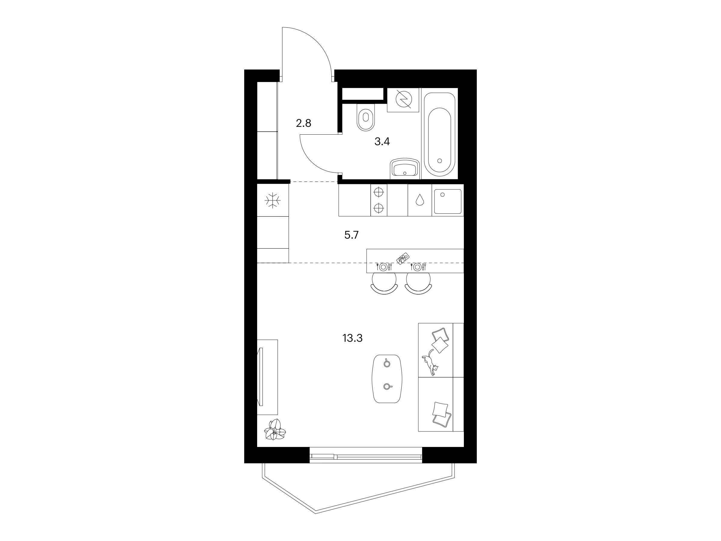 Планировка: Студия 25.20 м² в новостройке Мичуринский парк