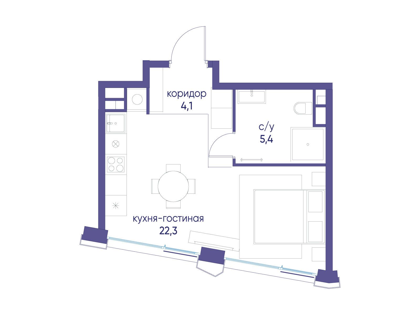 Планировка: Студия 31.70 м² в новостройке Остров