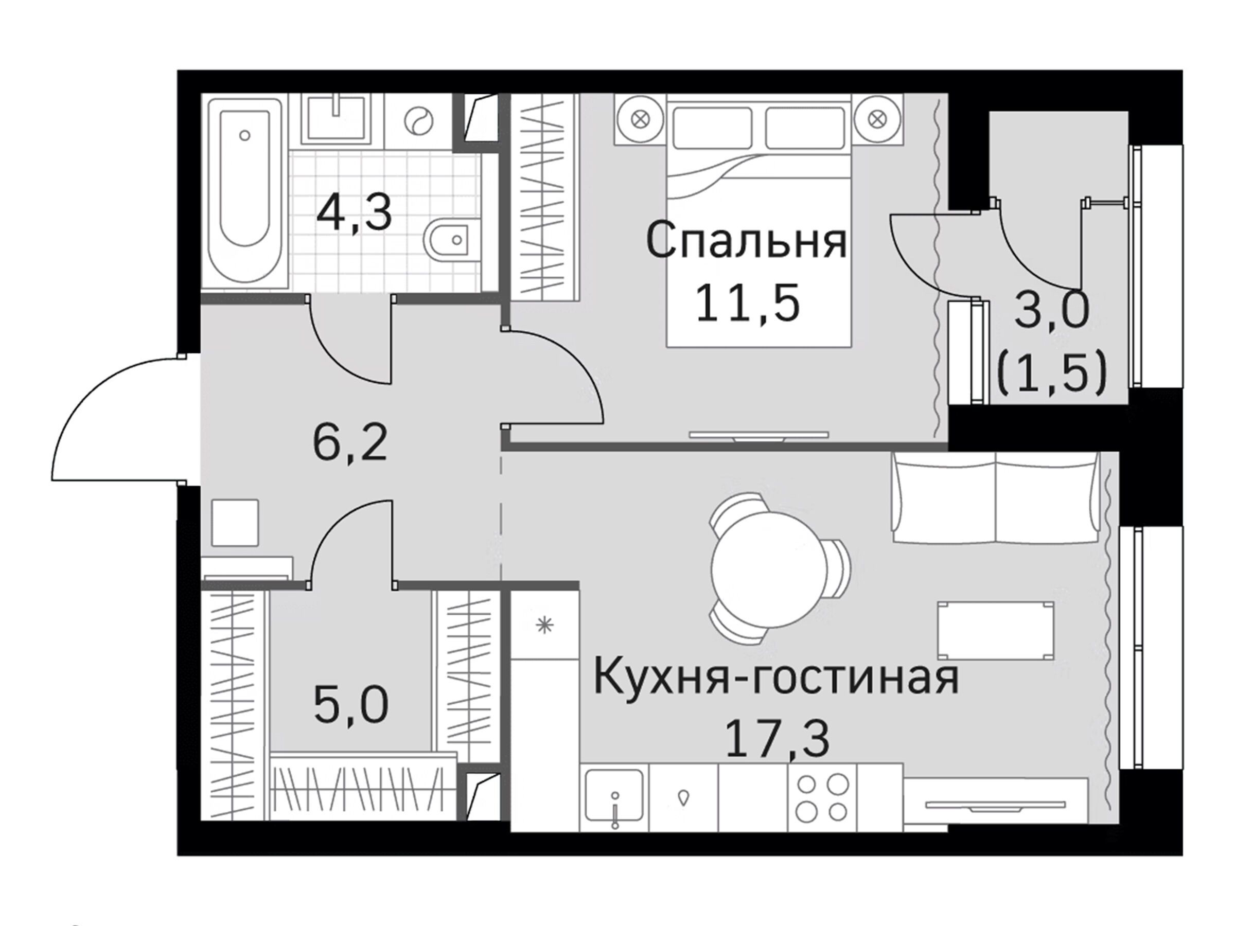 Планировка: 1-комн. квартира 45.80 м² в новостройке Скай Гарден