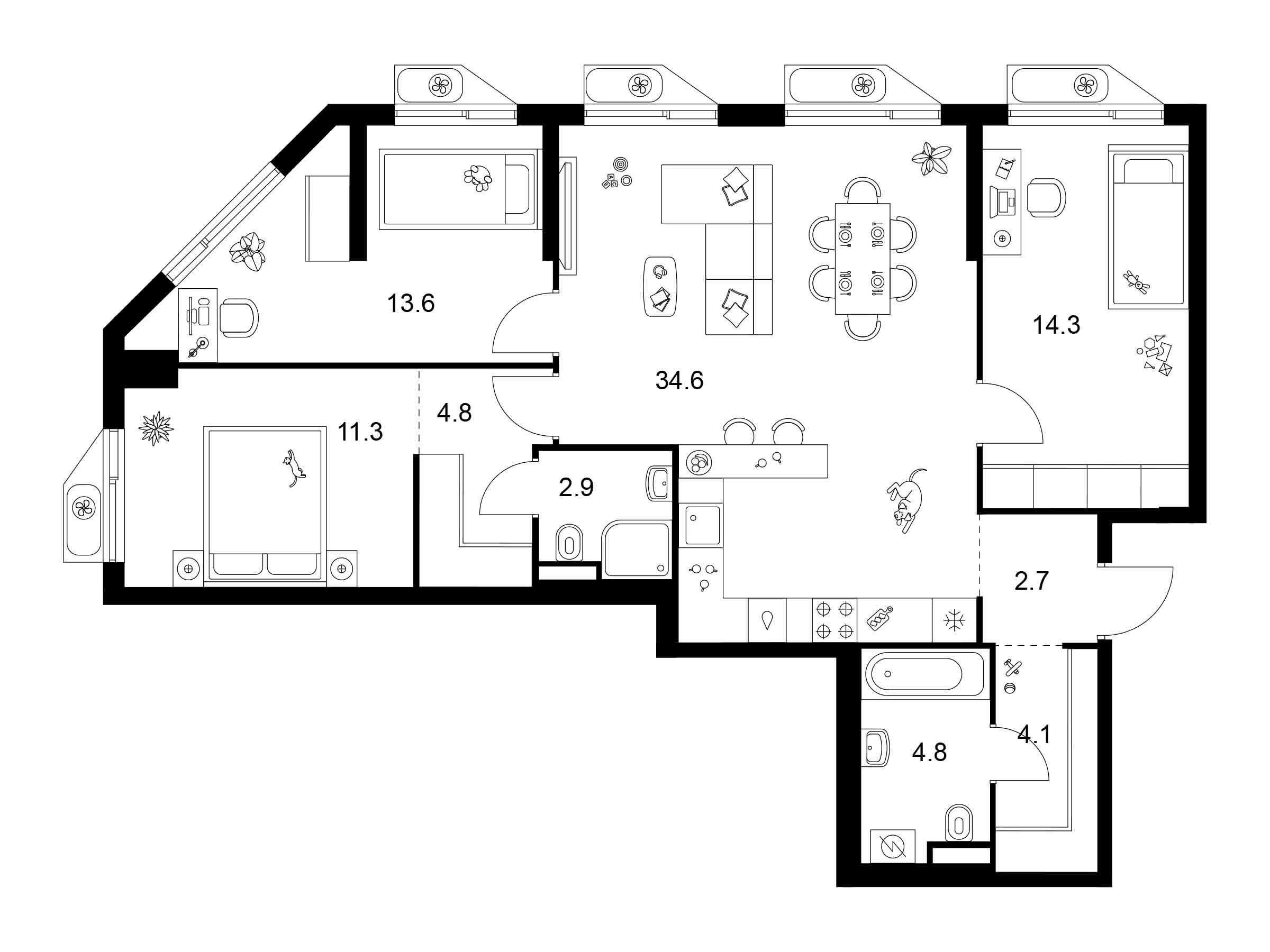 Планировка: 3-комн. квартира 93.10 м² в новостройке Алтуфьевское 53