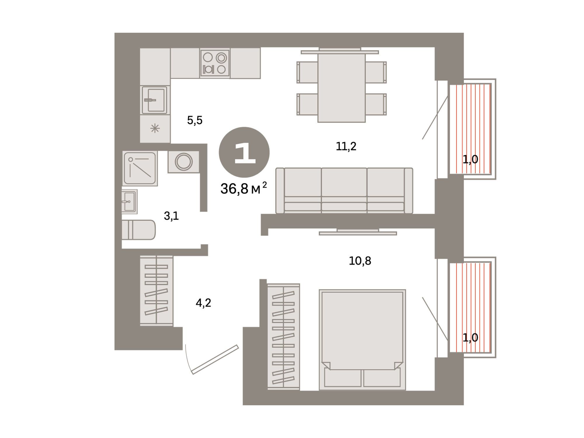 Планировка: 1-комн. квартира 36.80 м² в новостройке Метроном