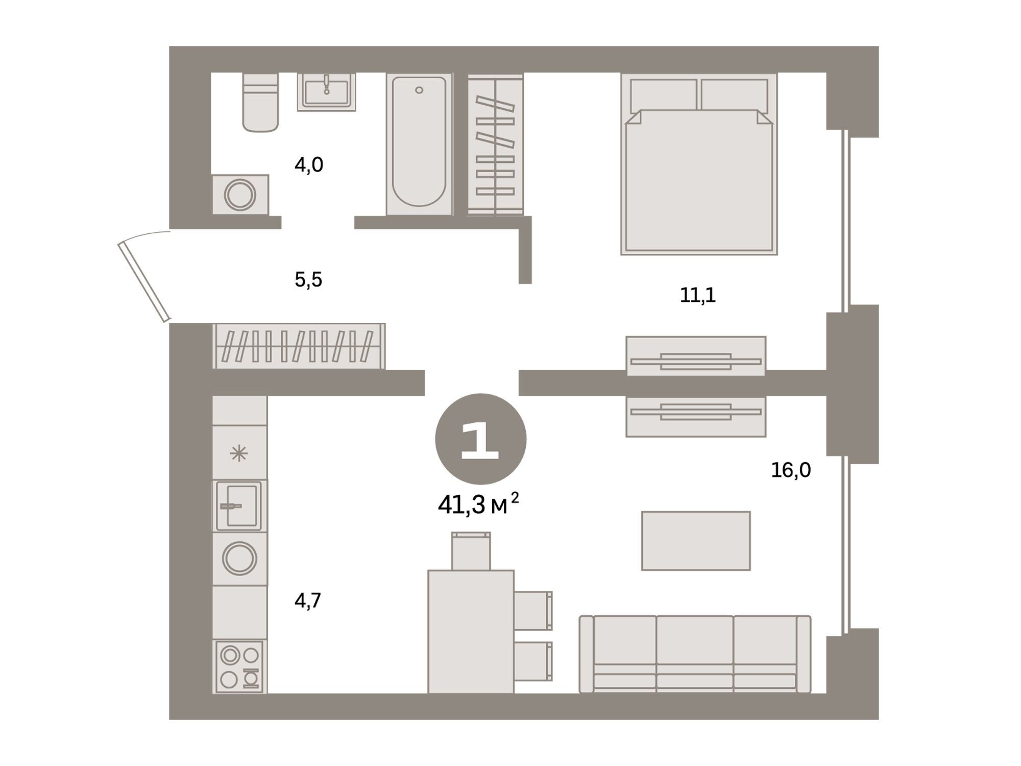 Планировка: 1-комн. квартира 41.30 м² в новостройке Метроном