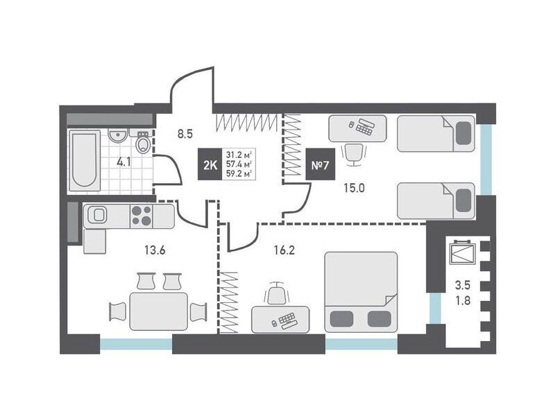 Планировка: 2-комн. квартира 59.20 м² в новостройке ЖК Зеленоград Ривьера