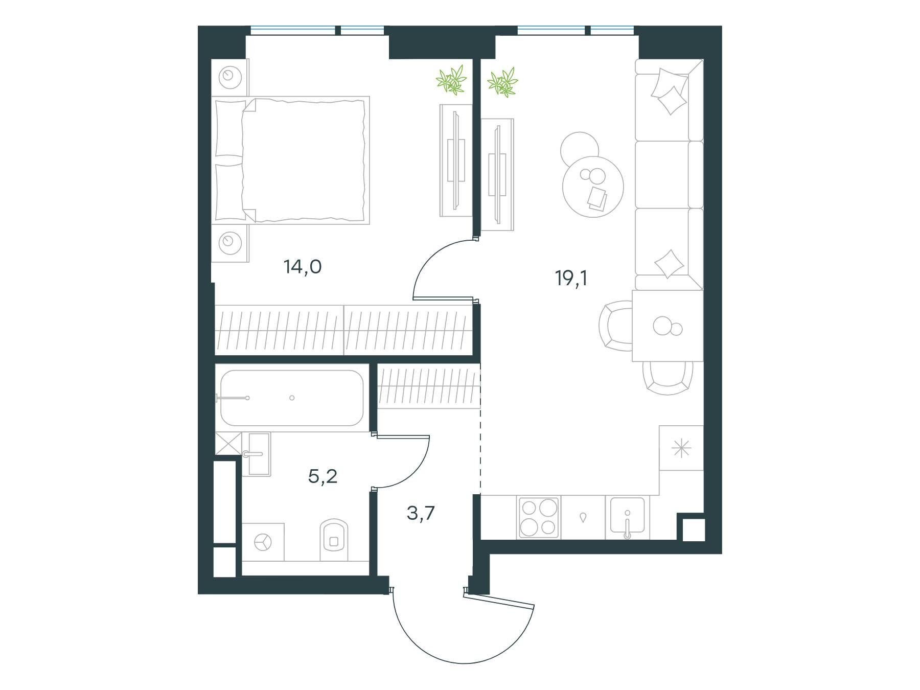 Планировка: 1-комн. квартира 42.00 м² в новостройке ЖК Левел Войковская 