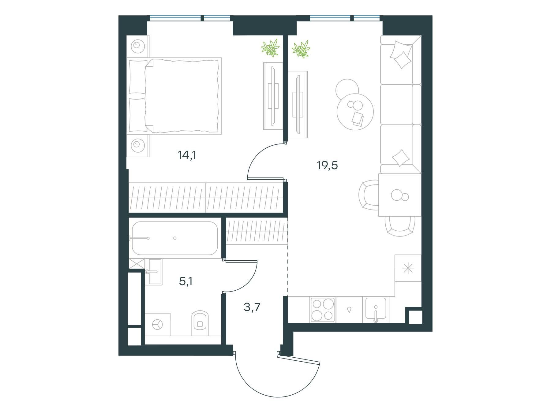 Планировка: 1-комн. квартира 42.40 м² в новостройке ЖК Левел Войковская 