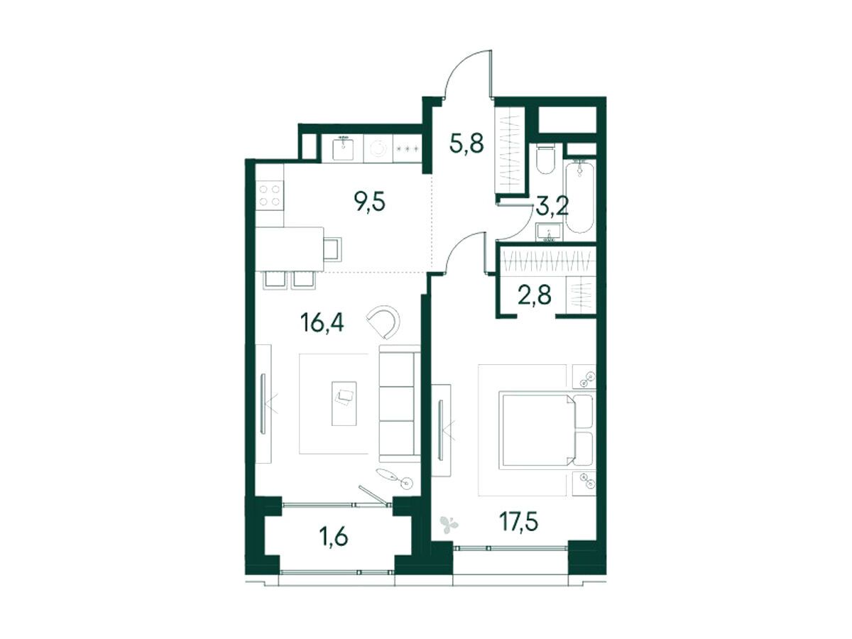 Планировка: 1-комн. квартира 56.80 м² в новостройке Примавера