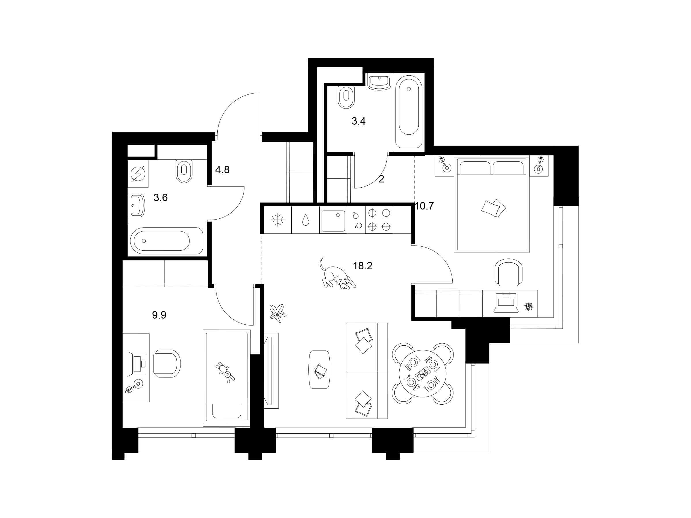 Планировка: 2-комн. квартира 52.60 м² в новостройке Строгино 360