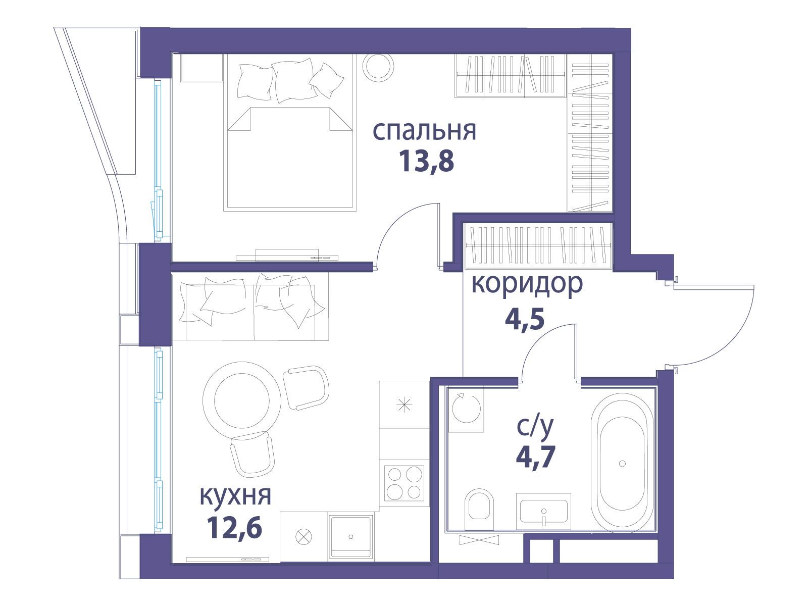 Планировка: 1-комн. квартира 35.60 м² в новостройке Символ