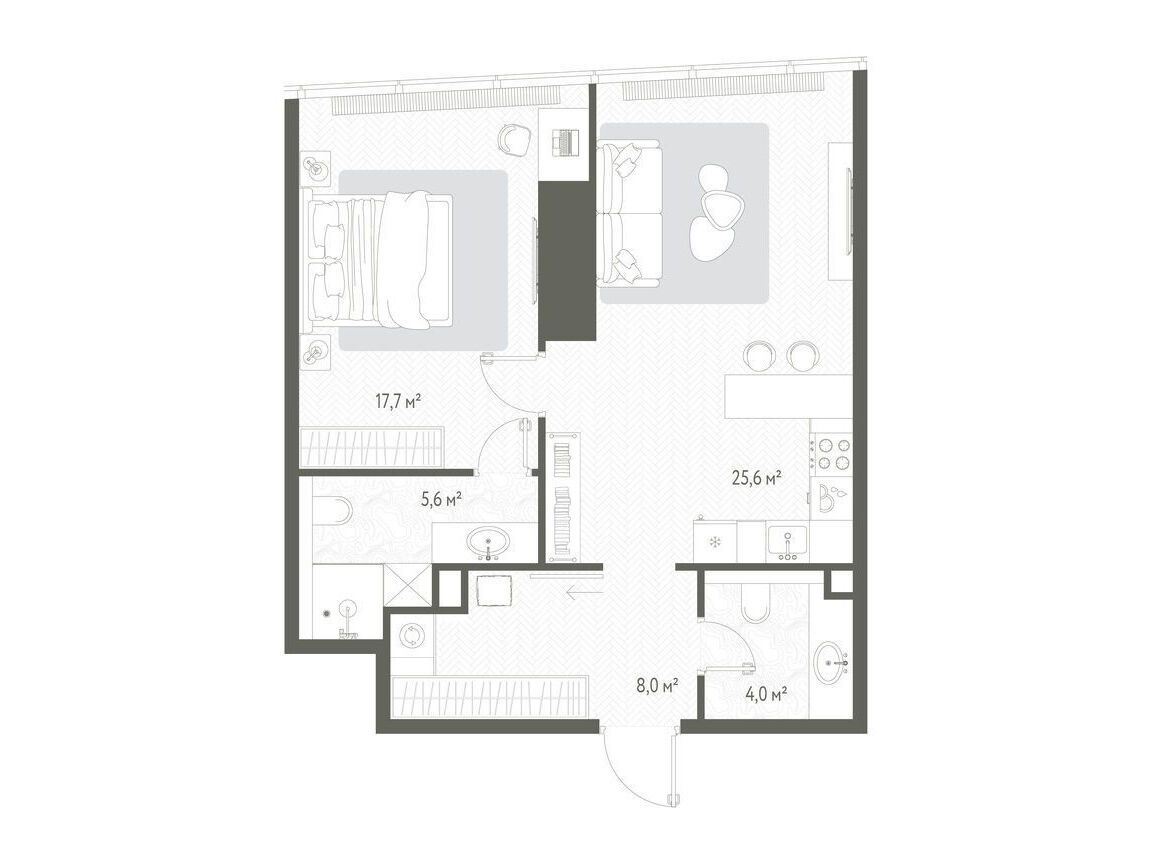 Планировка: 1-комн. квартира 60.90 м² в новостройке Оне