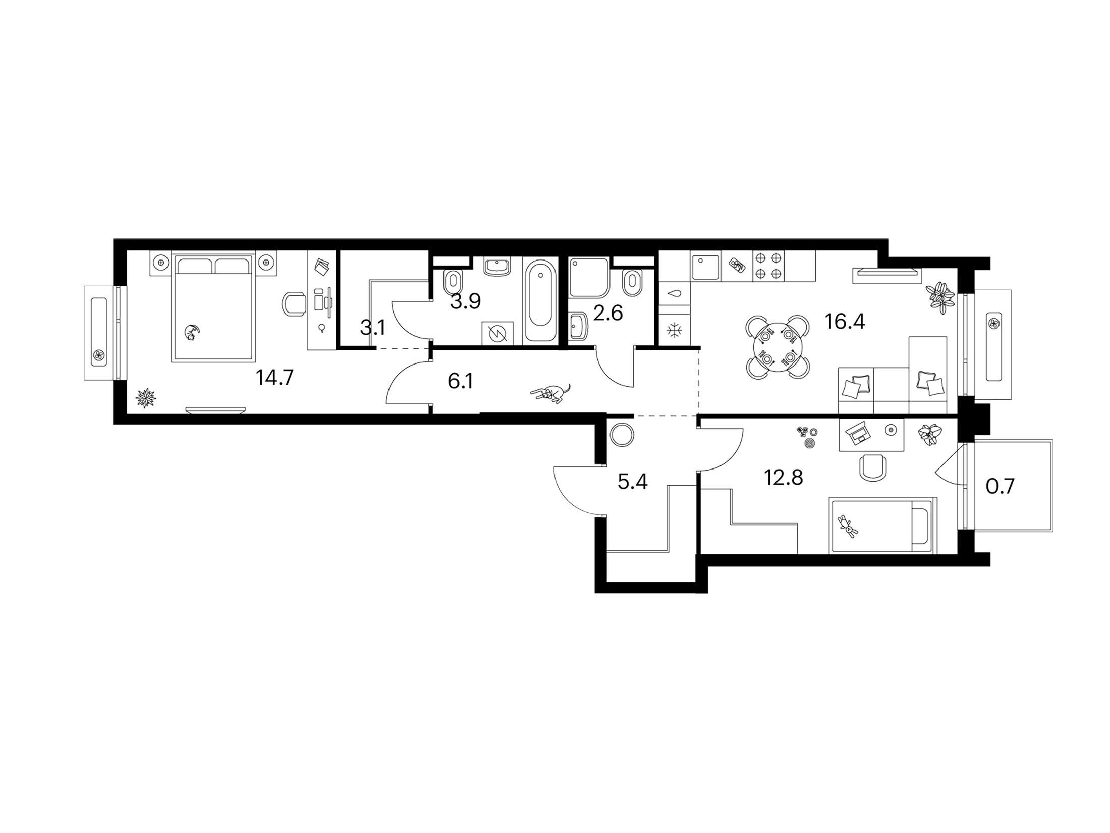 Планировка: 2-комн. квартира 65.70 м² в новостройке Зелёный парк