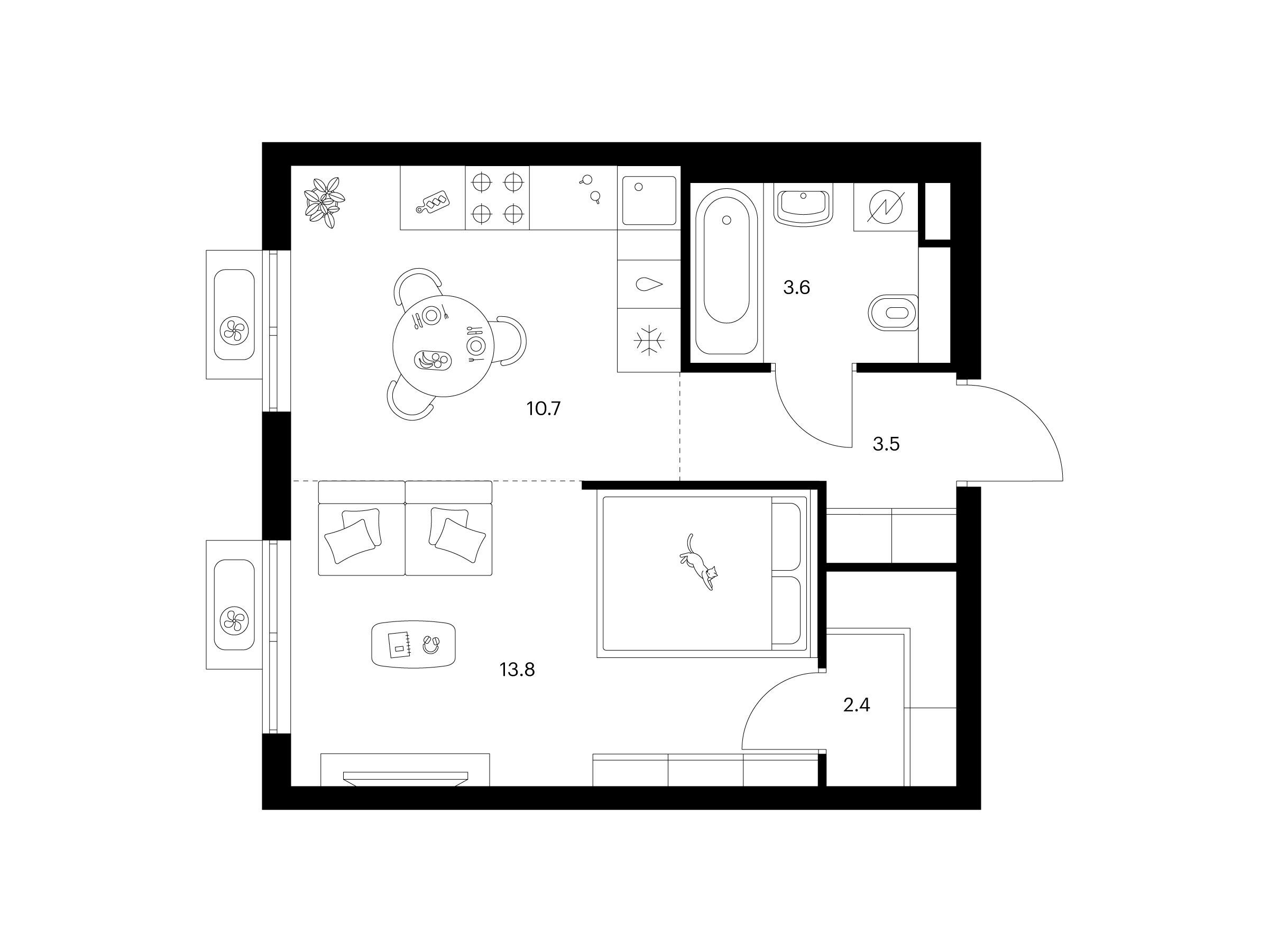 Планировка: 1-комн. квартира 34.00 м² в новостройке Митинский лес