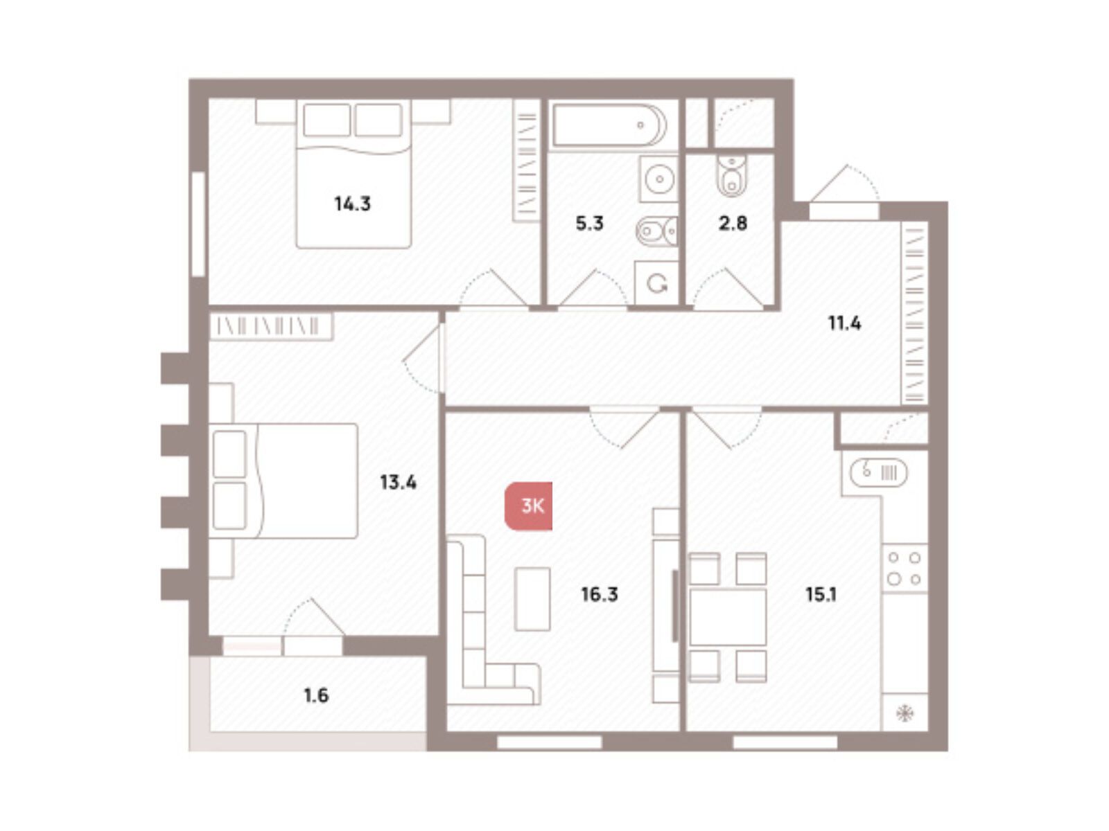 Планировка: 3-комн. квартира 80.20 м² в новостройке ЖК Проспект 39