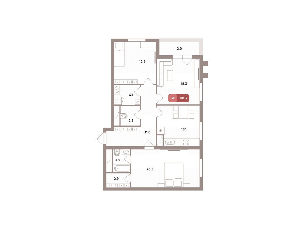 Планировка: 3-комн. квартира 88.30 м² в новостройке ЖК Проспект 39