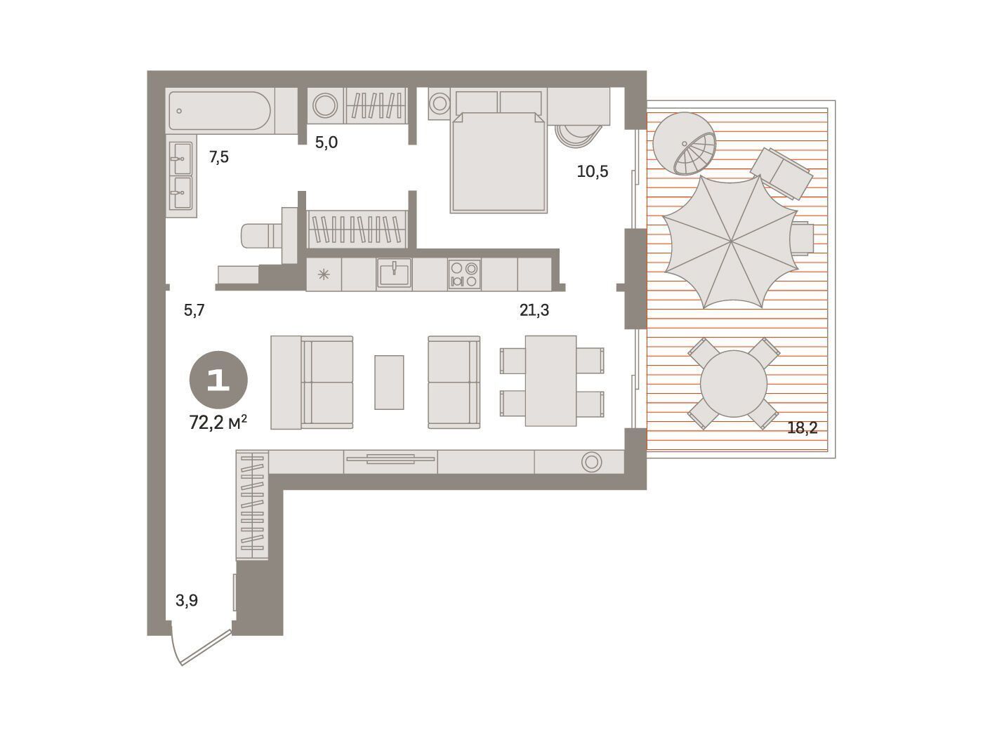 Планировка: 1-комн. квартира 70.10 м² в новостройке Монс