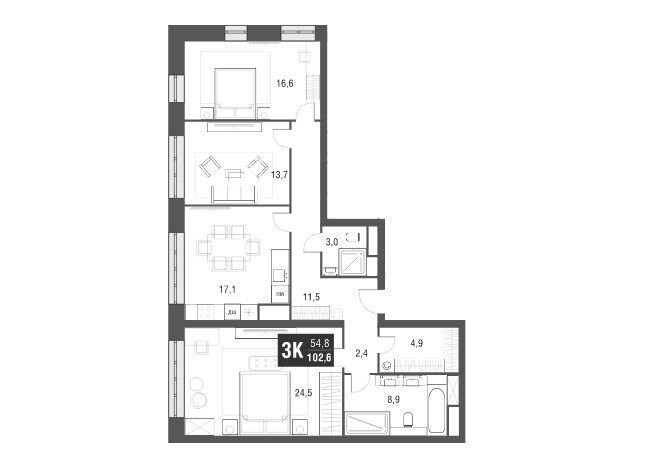 Планировка: 3-комн. квартира 102.60 м² в новостройке Афи Тауэр