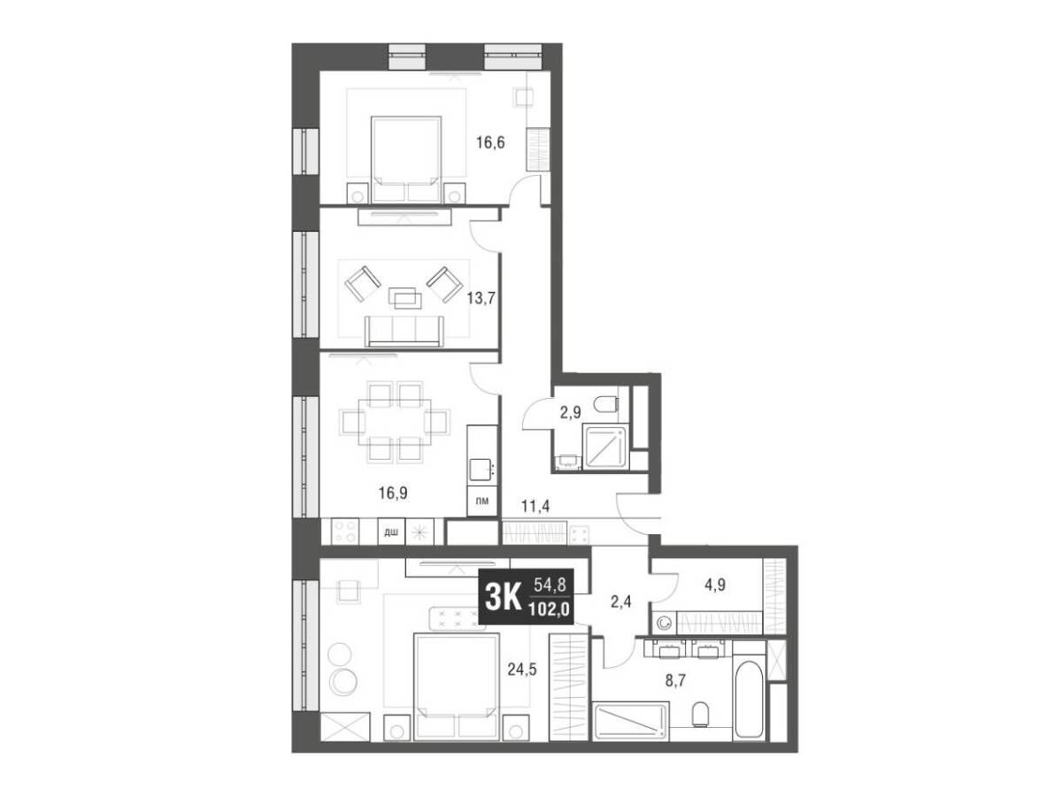 Планировка: 3-комн. квартира 102.20 м² в новостройке Афи Тауэр