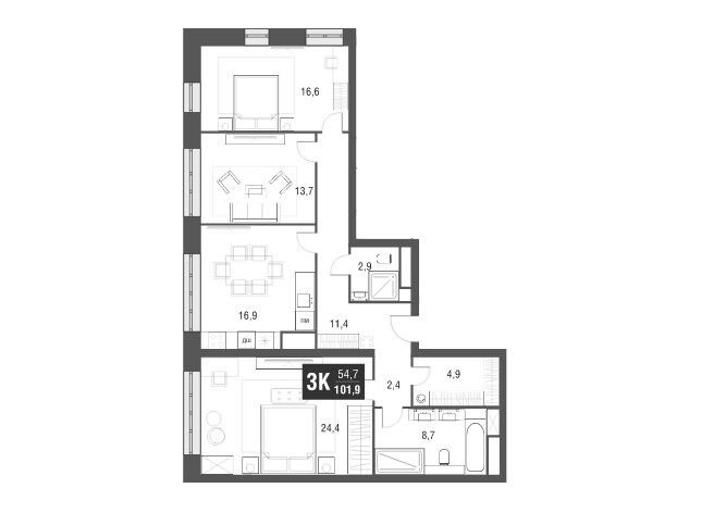 Планировка: 3-комн. квартира 101.90 м² в новостройке Афи Тауэр