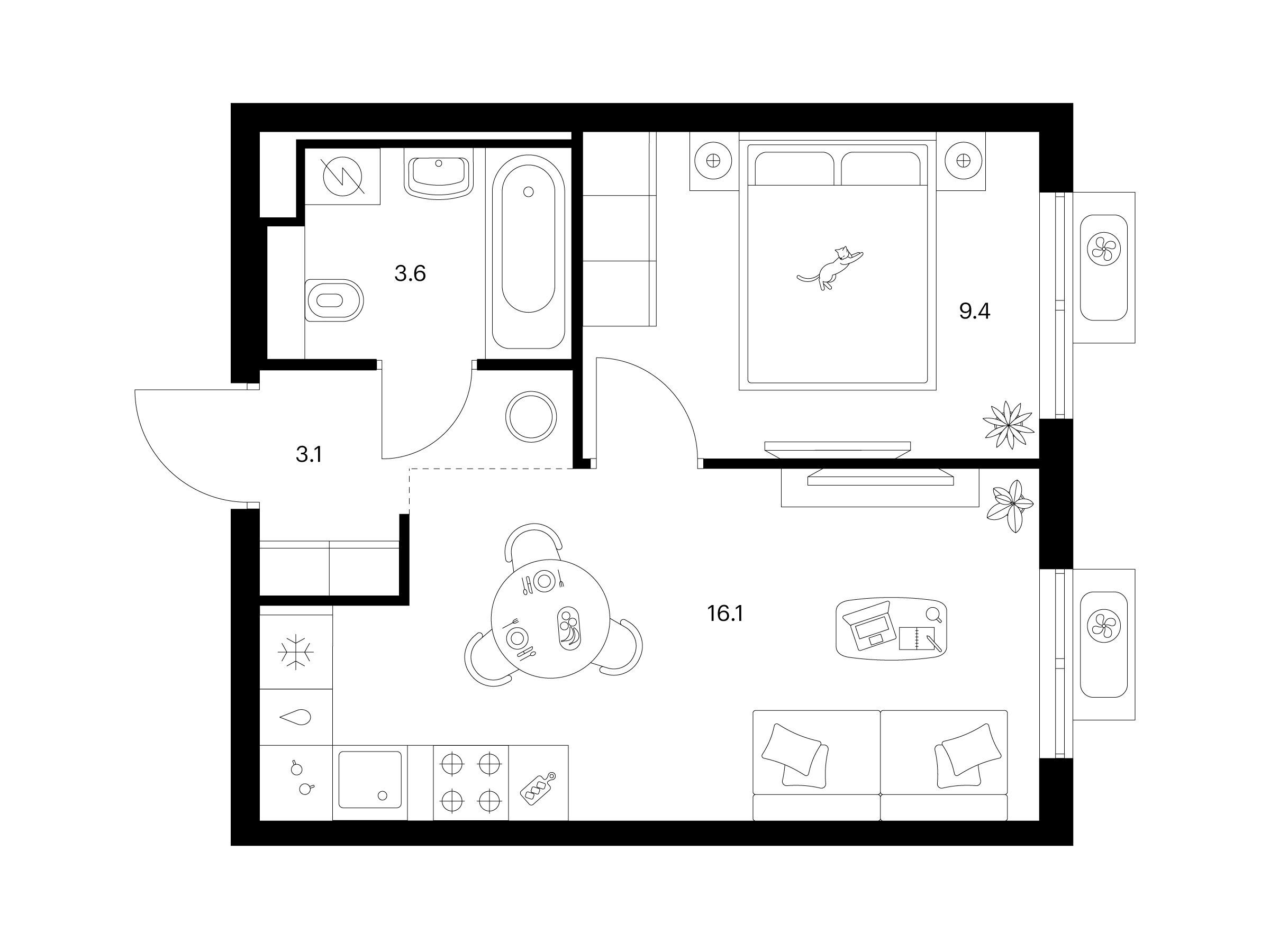 Планировка: 1-комн. квартира 32.20 м² в новостройке Митинский лес
