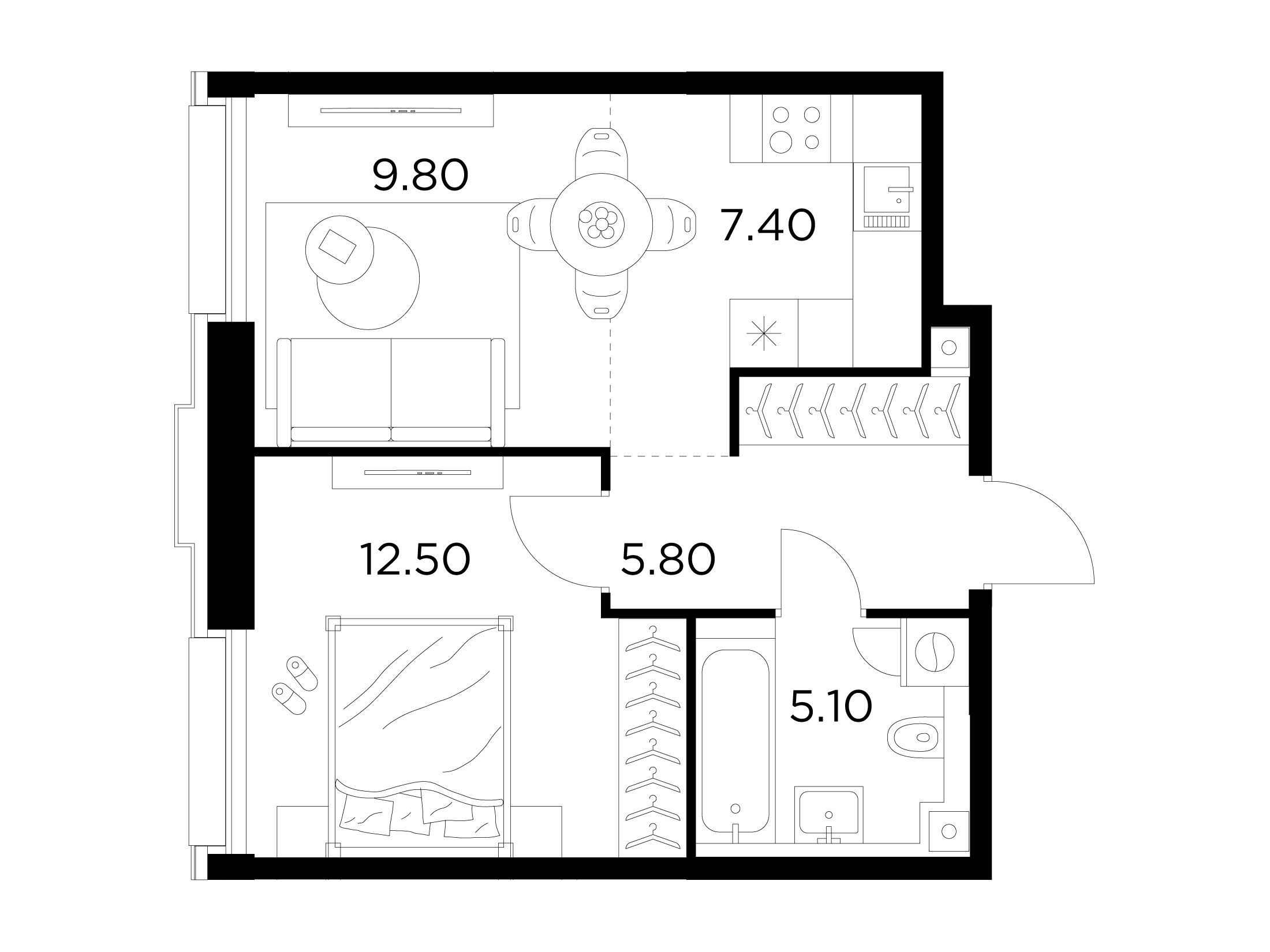 Планировка: 2-комн. квартира 40.60 м² в новостройке Инджой