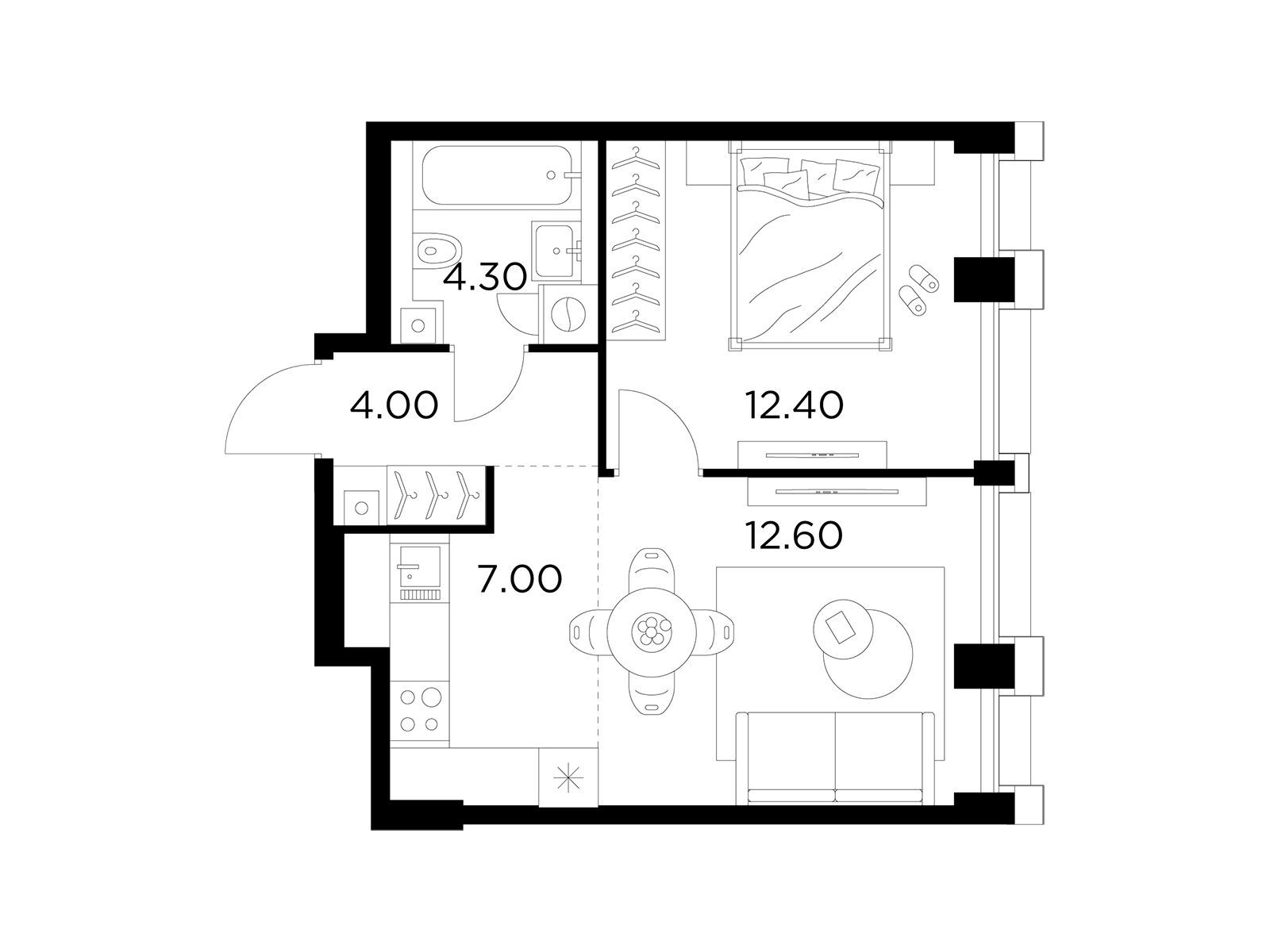 Планировка: 2-комн. квартира 40.30 м² в новостройке Инджой
