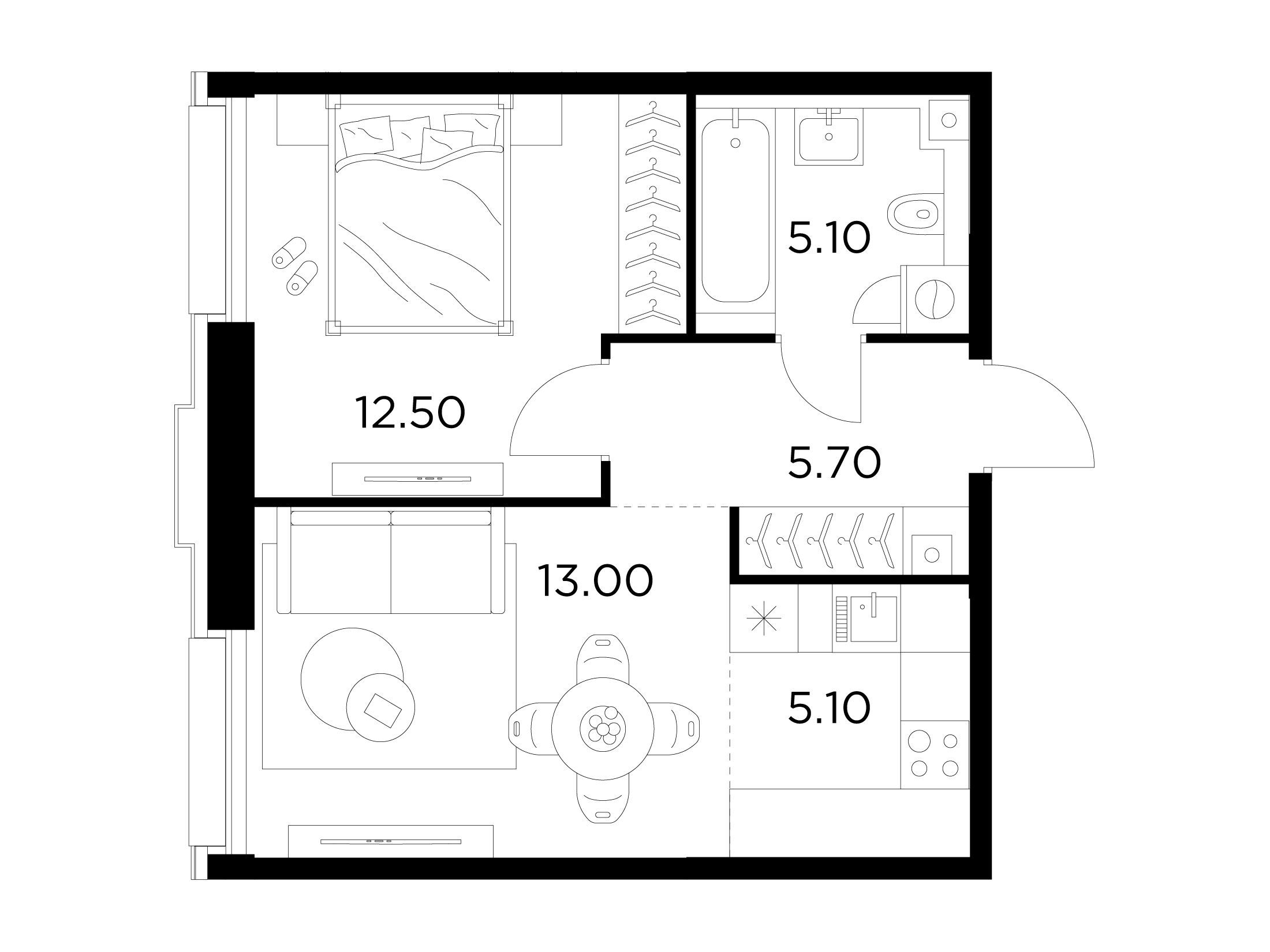 Планировка: 2-комн. квартира 41.40 м² в новостройке Инджой