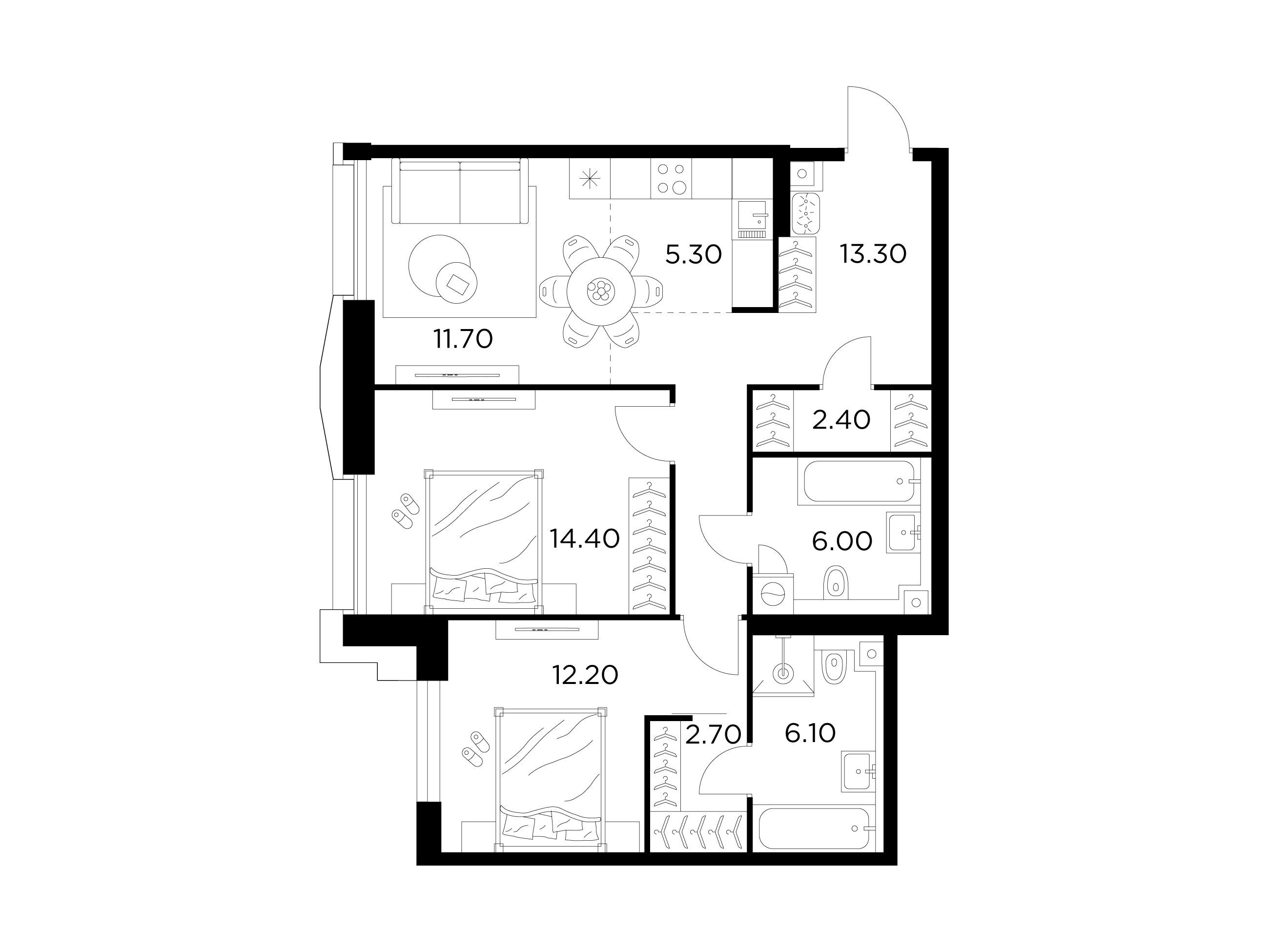 Планировка: 3-комн. квартира 74.10 м² в новостройке ЖК Инджой