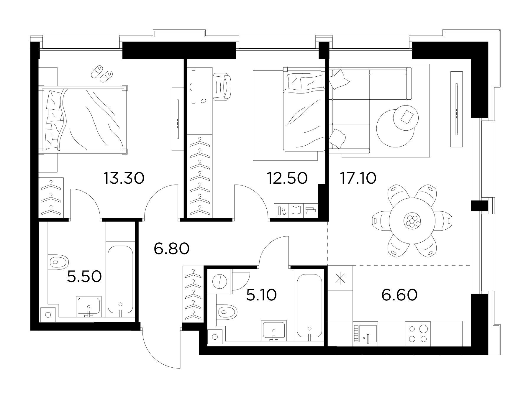 Планировка: 3-комн. квартира 66.90 м² в новостройке Инджой