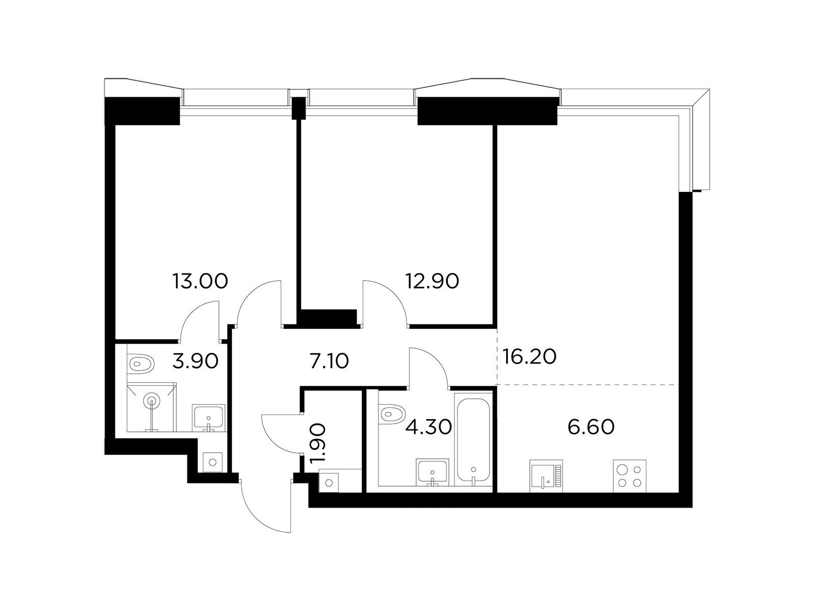 Планировка: 3-комн. квартира 65.50 м² в новостройке Инджой