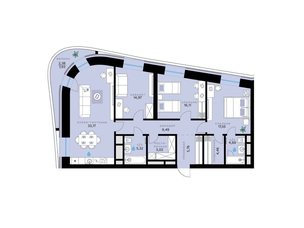 Планировка: 3-комн. квартира 118.92 м² в новостройке СберСити