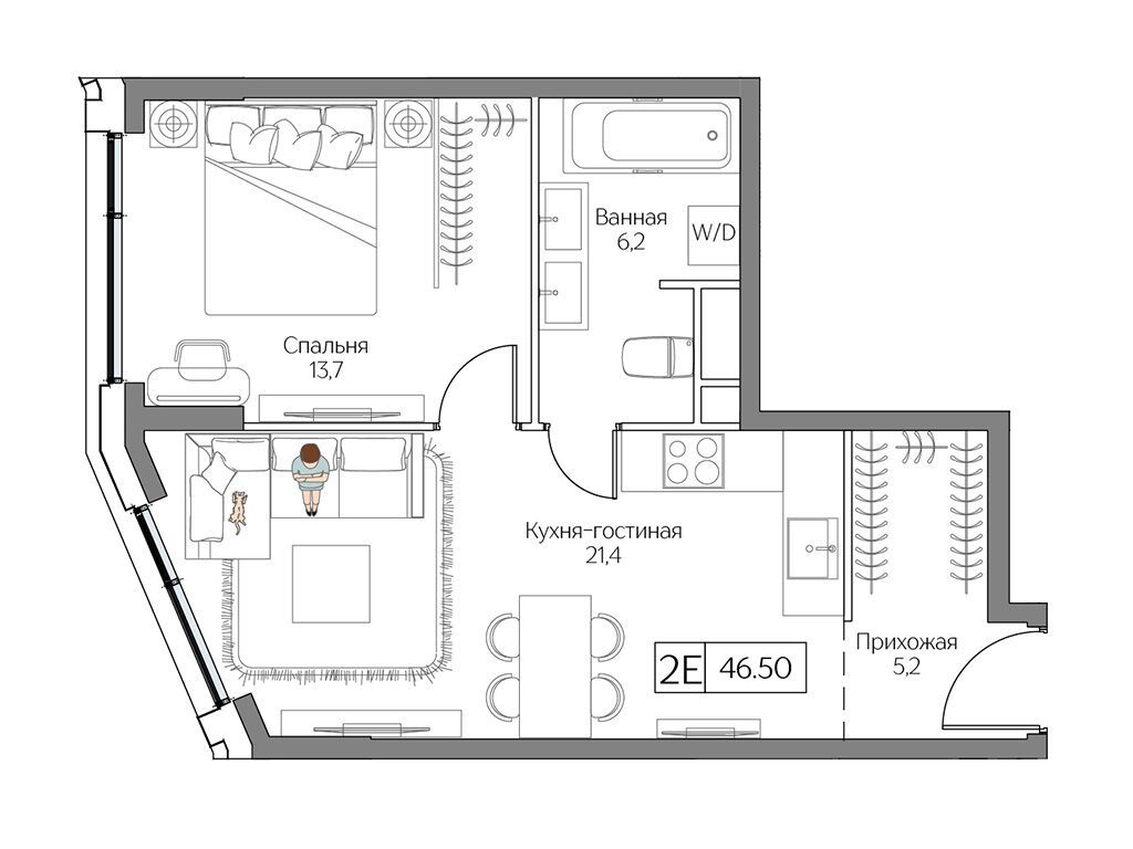 Планировка: 1-комн. квартира 46.00 м² в новостройке ЖК Дрим Рива