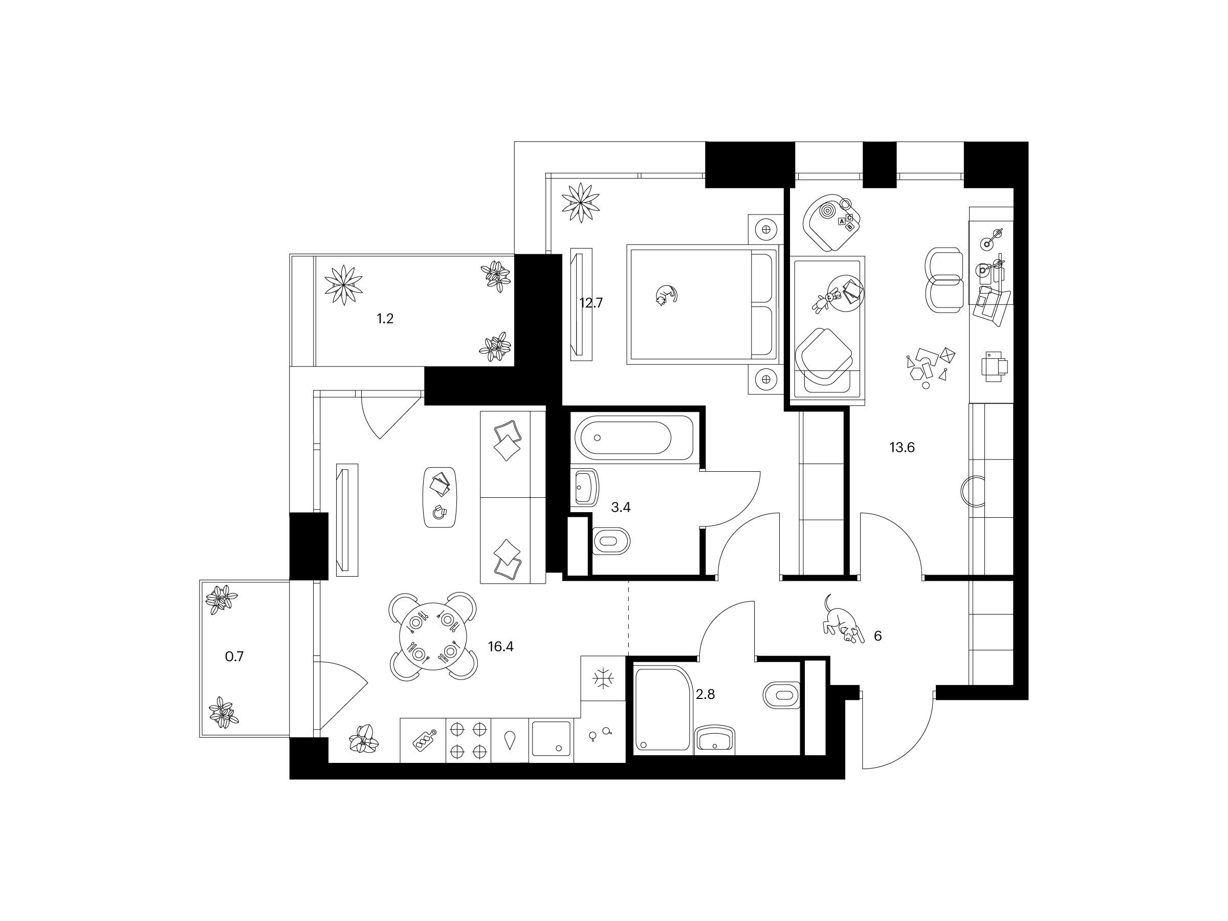 Планировка: 2-комн. квартира 56.80 м² в новостройке Строгино 360